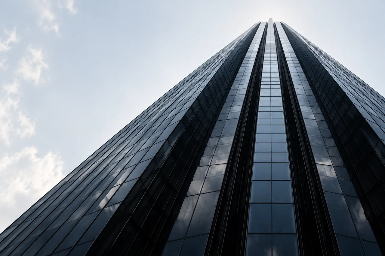 Looking up a dark glass tower into a pale sky.