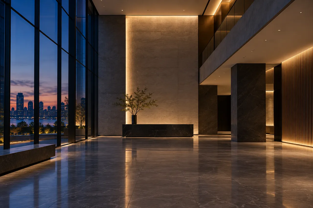 A quiet stone lobby at dusk with warm wall light.