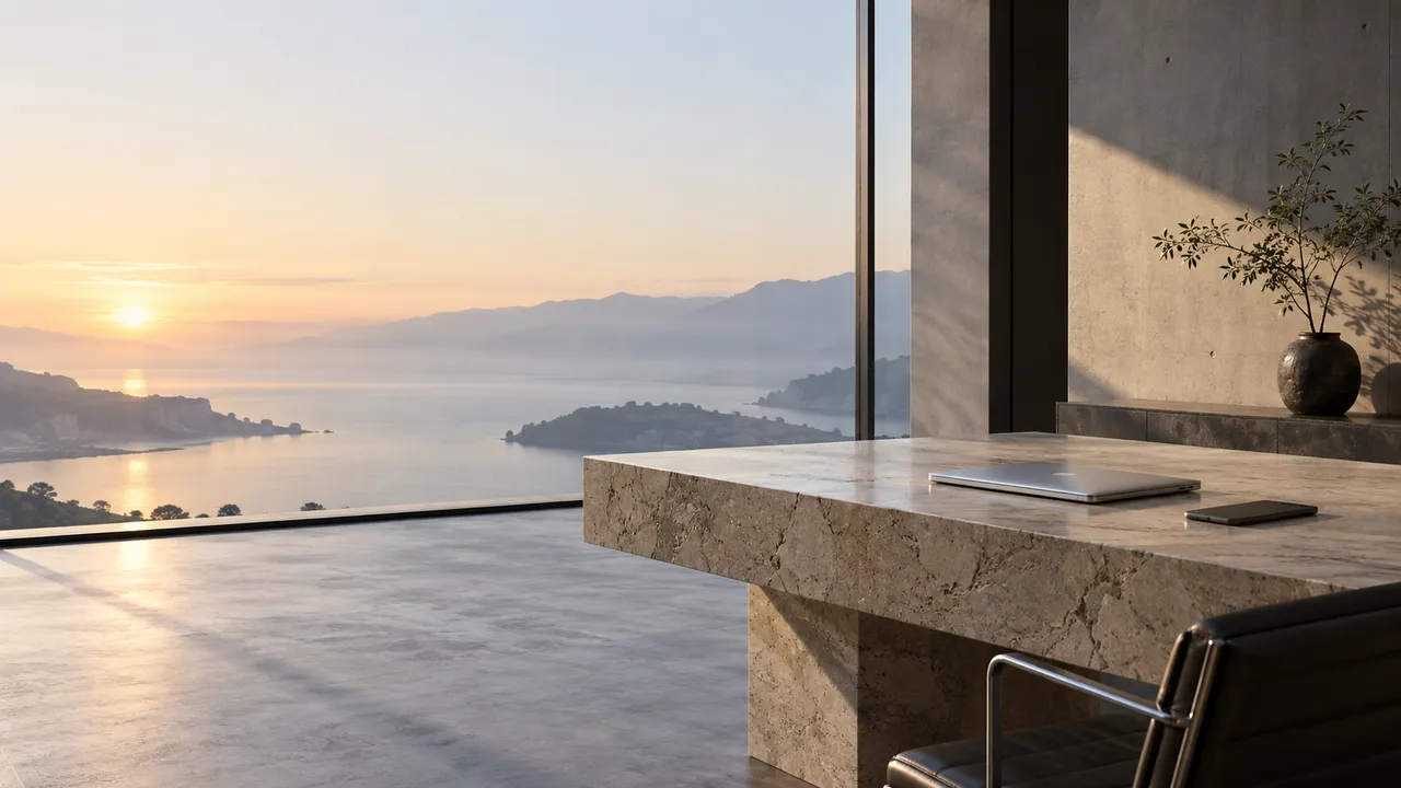 A quiet design studio at dawn overlooking the water.