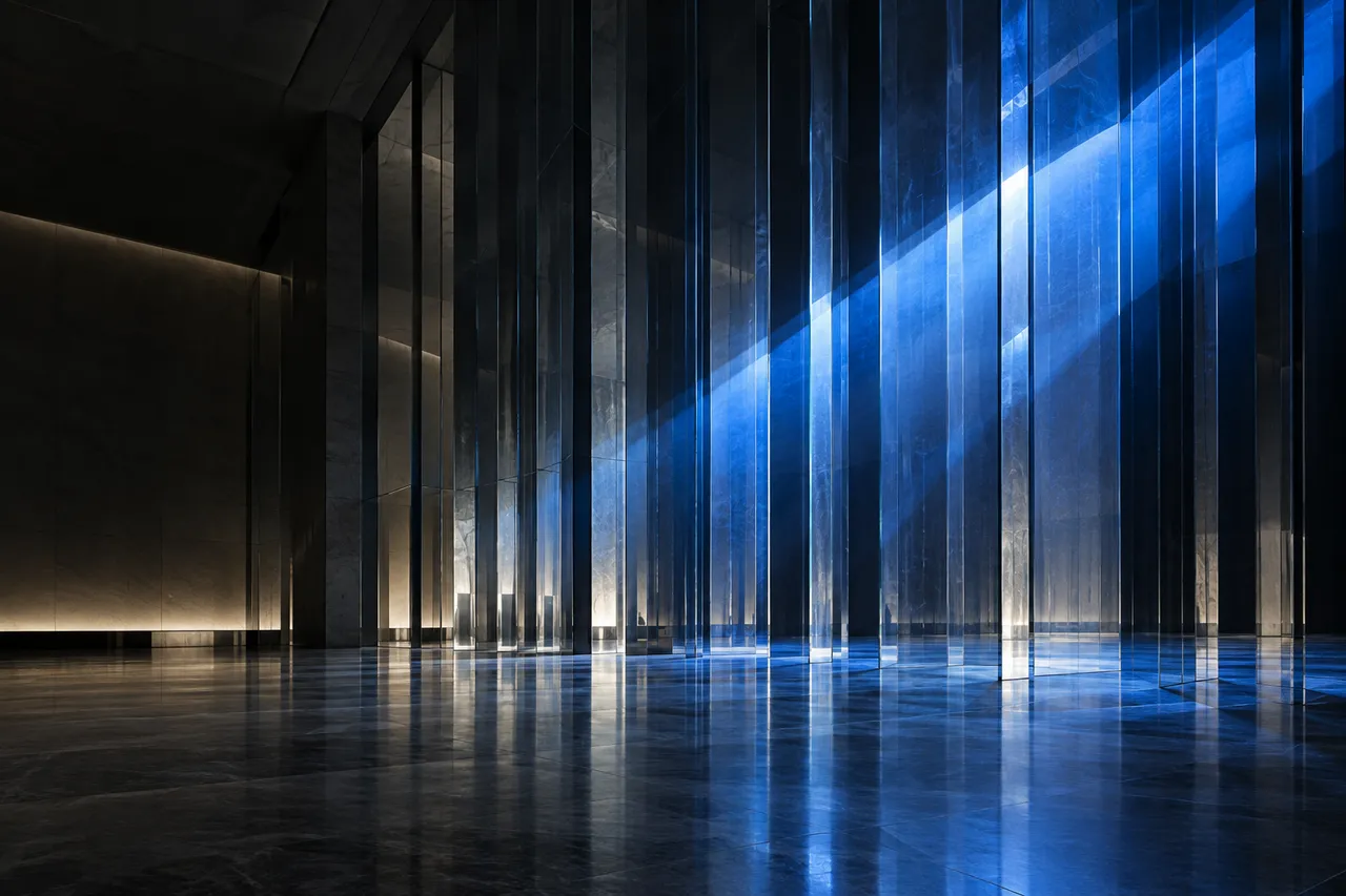 Tall glass fins in a dark atrium, lit by a plane of blue light.