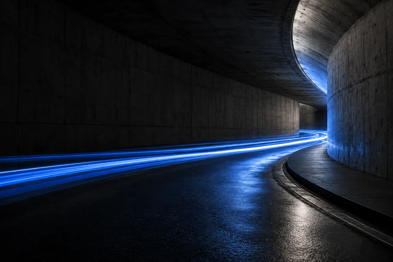 Blue light trails through a curved concrete tunnel.